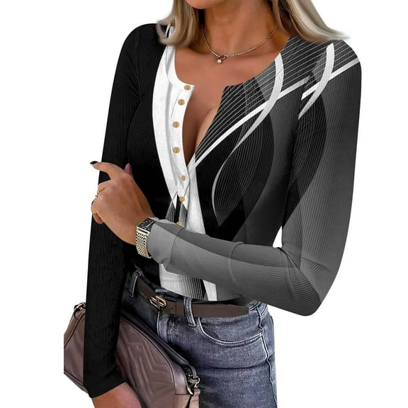 Long Sleeve Shirts For Women V Neck Henley Tops Slim Fit Basic Ribbed Knit Button Down T Shirts