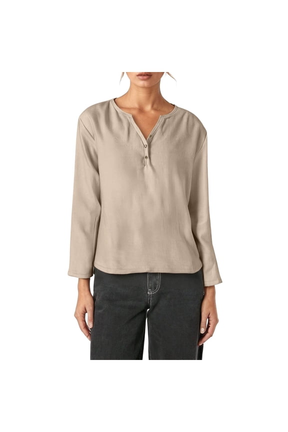 Long Sleeve Shirts For Women V Neck Solid Colod Fashion Dressy Casual T Shirt Comfy Spring Basic Blouses Vacation Clothes Beige M
