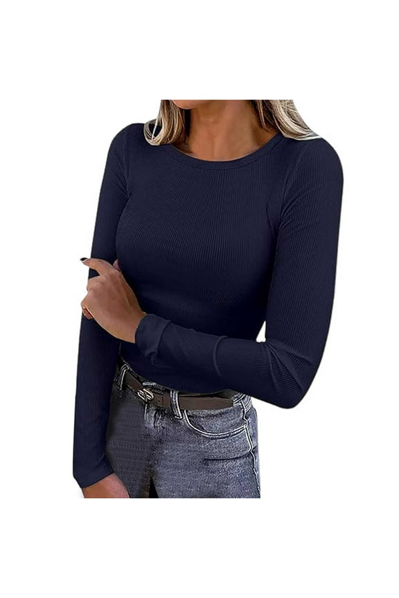 Long Sleeve Shirts For Womens Tops Casual Stretch Crewneck Ribbed Fitted Basic Womens T Shirts Navy M