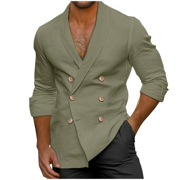 Long Sleeve Shirts Hvyesh Mens Casual Double Breast Blazer Jackets Lightweight V Neck Linen Work Jackets Button Slim Fit Flormal Coats