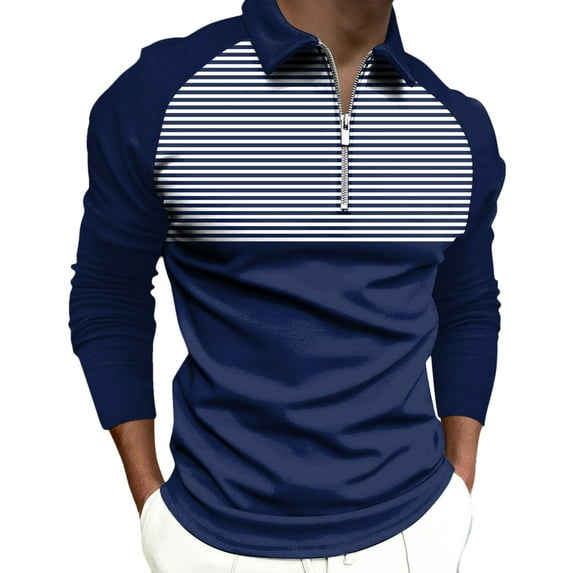 Long Sleeve Shirts for Men Business Casual Tops for Men, Formal Zip Mock Lapel Collar Patchwork Stiple Print Golf Shirts for Men, Softy Lightwight Shirts Gifts for Him(Navy,XL)