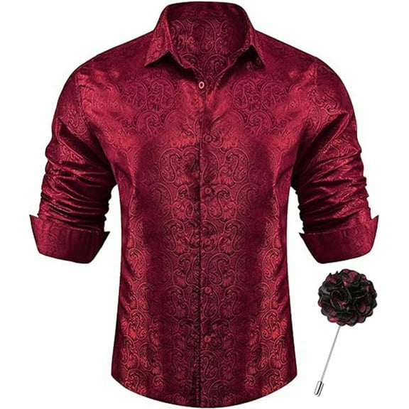Long Sleeve Shirts for Men Button Down Casual Turn Down Collar Vintage Jacquard Tops Slim Fit Solid Color 2025 Fall Winter Trendy Mens Shirts Red XXXL