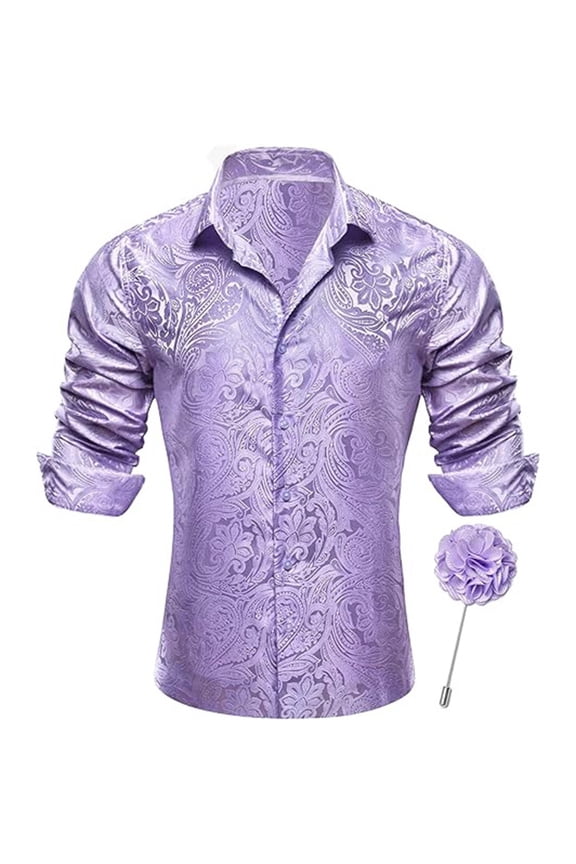 Long Sleeve Shirts for Men Button Down Solid Color Vintage Jacquard Slim Fit Tops Turn Down Collar 2025 Fall Winter Casual Trendy Mens Shirts Light Purple XL