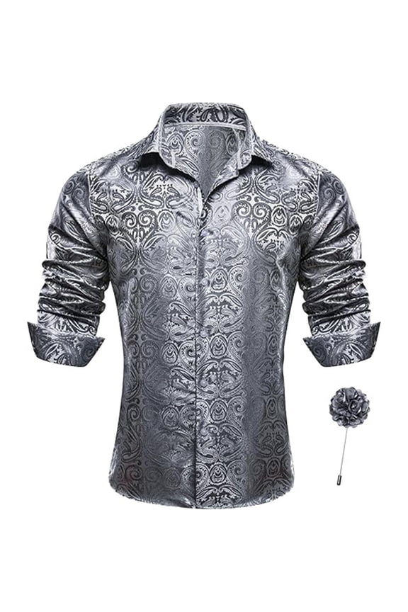 Long Sleeve Shirts for Men Button Up Trendy Solid Color Vintage Jacquard Tops 2025 Fall Winter Slim Fit Turn Down Collar Casual Mens Shirts Silver XXXXL