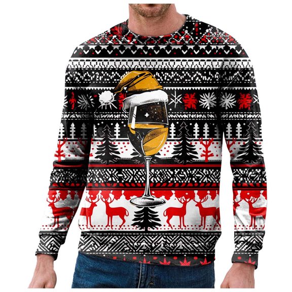 Long Sleeve Shirts for Men Men's Casual Fashion Loose Christmas Glass Print Neck Comfortable Hoodless Sweatshirt Boy 10 Men Jacket with Hood Hooded Pullover Shirt Blank Sweatshirt 1 Year Gold XL