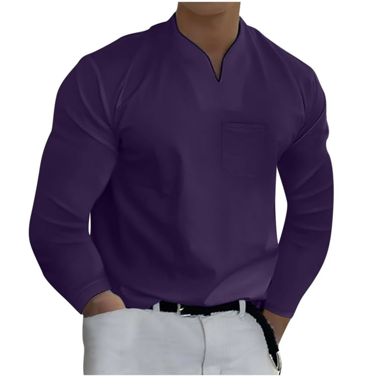 Long Sleeve Shirts for Men Mens Long Sleeve Shirts Men Casual Solid Sports  Long-sleeved V-neck Fitness Training Clothes T-shirt Top Long Sleeve Shirts  Sweaters for Men New Purple,XL 