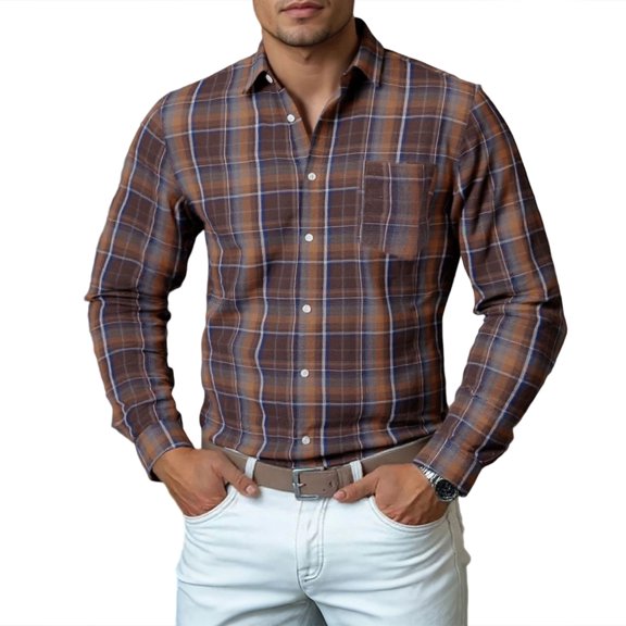 Long Sleeve Shirts for Men Plaid Button Down Shirt Mens Casual Cotton Button Up Shirt Transitional Slim Fit Long Sleeve Business Casual Dress Shirts with Pocket (Coffee-4, XL)