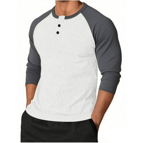 Long Sleeve Shirts, Men's Fashion Color-Blocked Solid Color Raglan-Sleeve Casual Button POLO Shirt Long-Sleeve Round-Neck Top, Regular-Fit, Men's Long Sleeve Shirts