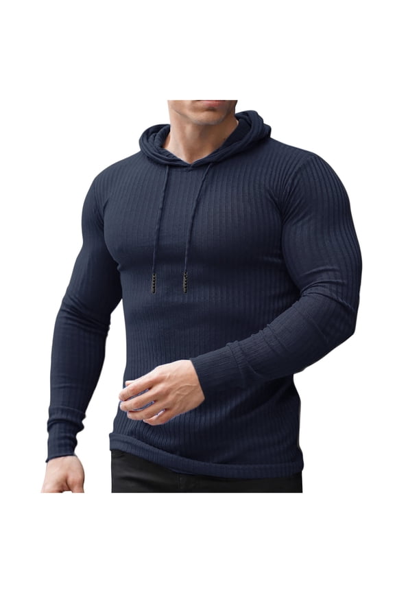 Long Sleeve Shirts Mens Clothing Fashion Hoodie Ribbed Slim Fit Muscle Fitness Sports Hooded Pullover Sweatshirt