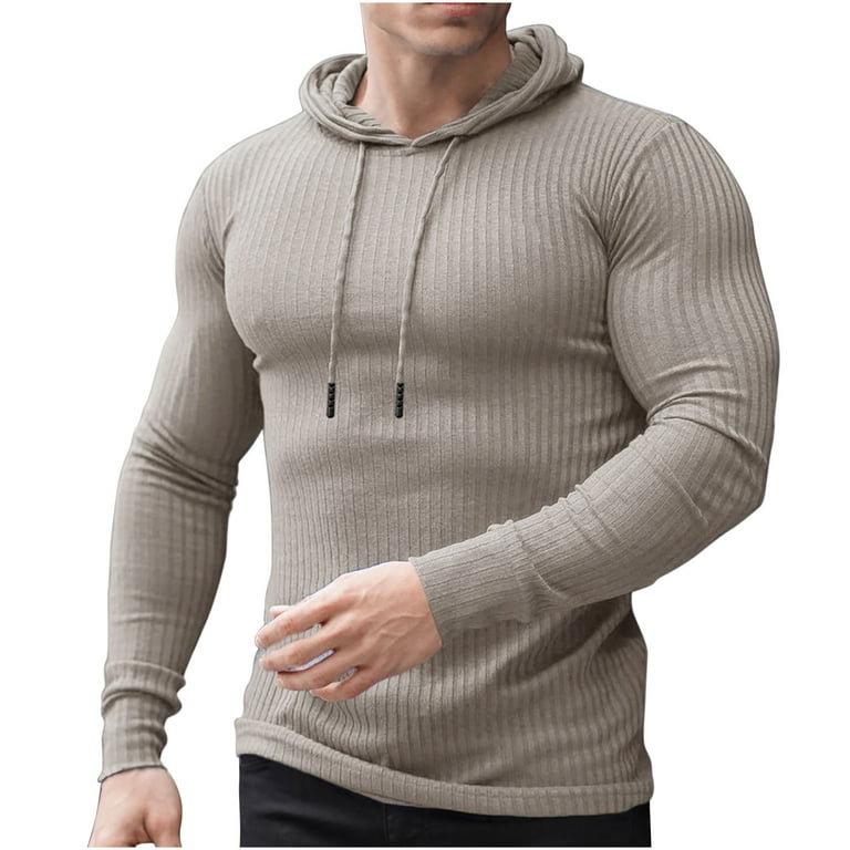 Long Sleeve Shirts Mens Clothing Fashion Hoodie Ribbed Slim Fit Muscle  Fitness Sports Hooded Pullover Sweatshirt