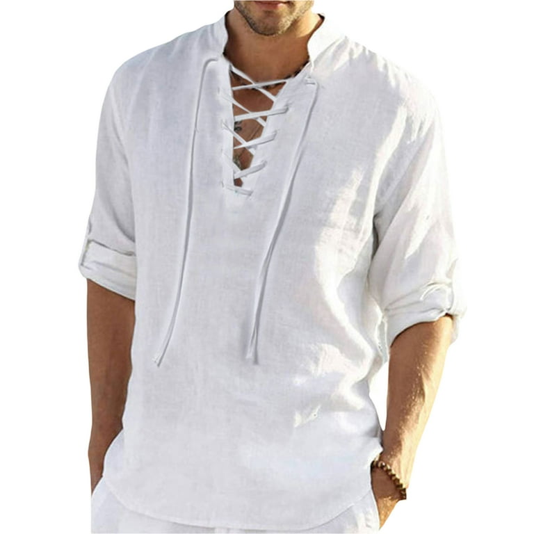 Long Sleeve Shirts Mens Solid Color Retro Lace Up Collar V Neck Drawstring Shirt Top