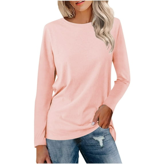 Long Sleeve Shirts Tops for Women Round-Neck Trendy Fall Winter Striped Solid Color Block Pullover Casual Loose T-Shirt Tops,Pink 1,L