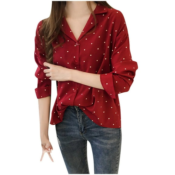 Long Sleeve Shirts for Women Casual Long Sleeve Polka Dot Turn-Down Collar Button Shirt Top Chiffon Vintage Glamorous Design for Autumn Spring Great Under Jackets Womens Blouses