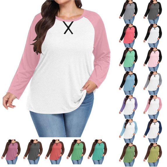 Long Sleeve Shirts for Women Casual Soft Crewneck Basic Tee Tops Women's Casual Chest Print Solid Color Round Neck Pullover Loose Long Sleeved Raglan Top Plus Size Up to 35% Pink XXXXXL