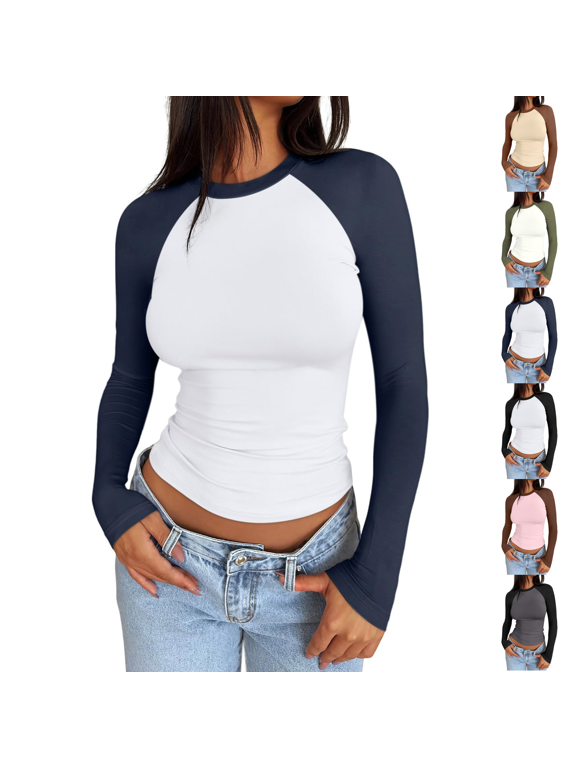 Long Sleeve Shirts for Women Color Block Raglan Shirts Thermal Tops Crewneck Slim Fit Soft Stretchy Base Layer Trendy Y2K Streetwear Fall Winter Undershirts