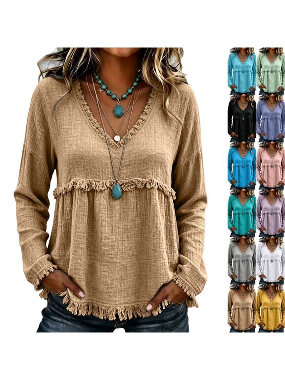 Long Sleeve Shirts for Women Cotton Linen Shirt Crew Neck Vintage Tops | Casual Boho Fringe Shirts Raw Hem Tees Solid Lightweight Loose T-Shirt Fall Fashion Clothes 2026 Khaki M