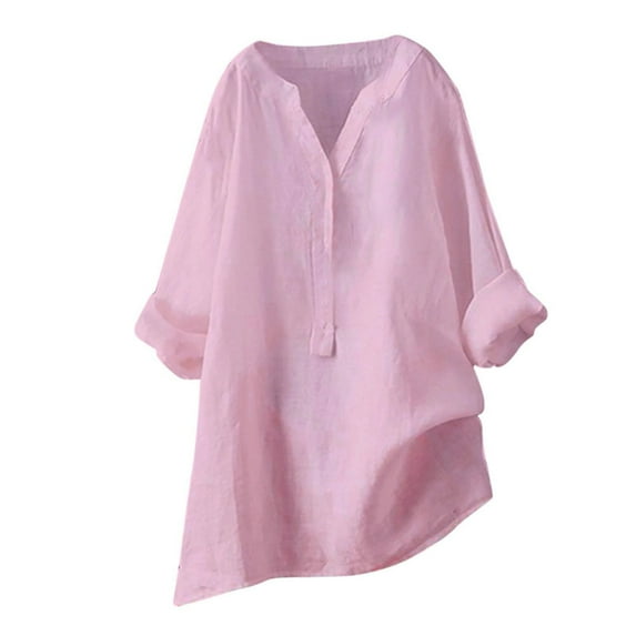 Long Sleeve Shirts For Women Cotton Linen Shirts Solid 3/4 Sleeve Summer Vacation Tunic Tops Oversized Tshirts Casual V Neck Blouses Womens Long Sleeve Tops