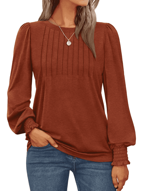 Womens Tops Long Sleeve Shirts Dressy Casual Blouse Pleated Puff Tunic Tops for Going Out, Fall