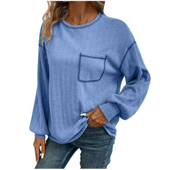 Long Sleeve Shirts for Women Crewneck Solid Loose Pocket Blouse Tops Fall Fashion Soft Outfits Lightweight Comfortable T Shirts 2025 Basic Casual Tops Going Out Workout Outfits