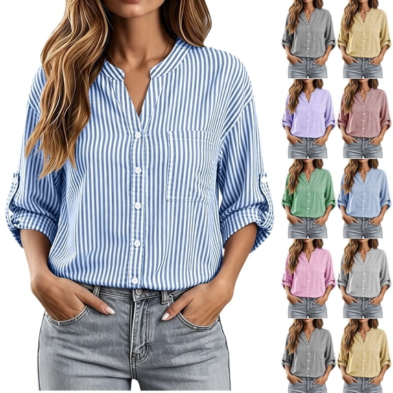 Long Sleeve Shirts for Women Dqueduo Women's Casual Long Sleeve Striped V Neck Button Down Cardigan Shirt With Pocket And Roll Tab Sleeves Sky Blue XL