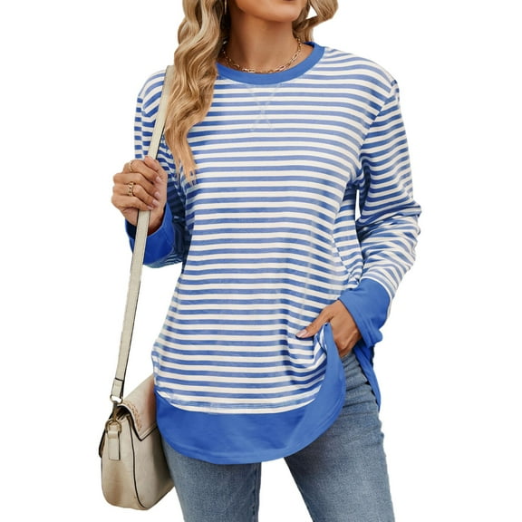 Long Sleeve Shirts for Women Fall Fashion 2024 Dressy Casual Stripe Colour Block Blouses Pullover Trendy Round Neck Loose Tunic Sweatshirts Tops (Gray,Medium)