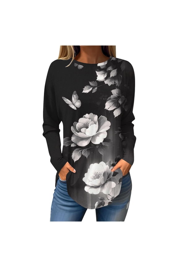 Long Sleeve Shirts for Women Fashion Floral Print Long Blouses Casual Round Neck Loose Shirt Drop Shoulder Tunic Tops Spring Summer Pullover Top Style 03 XXL