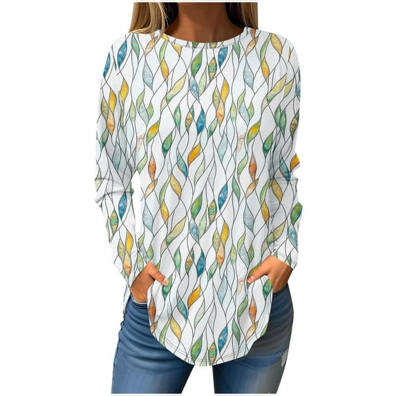 Long Sleeve Shirts for Women Fashion Floral Print Long Blouses Casual Round Neck Loose Shirt Drop Shoulder Tunic Tops Spring Summer Pullover Top Style 06 M