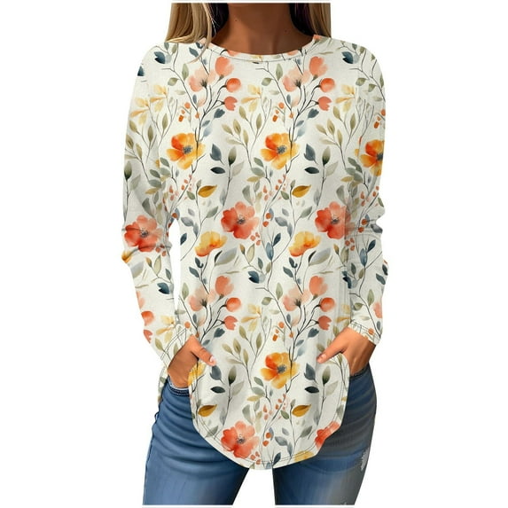 Long Sleeve Shirts for Women Fashion Floral Print Long Blouses Casual Round Neck Loose Shirt Drop Shoulder Tunic Tops Spring Summer Pullover Top Style 13 S