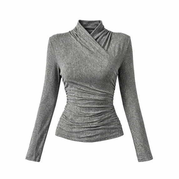 Long Sleeve Shirts for Women Fitted Shirts Draped Tops High Neck Y2k Office Attire Work Blouse Elegant Tops Tops for Women Trendy Interview Tops Work Shirts Slim Fit Tops