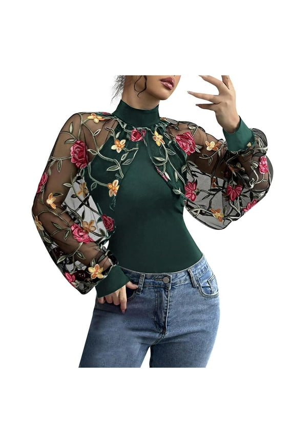 Long Sleeve Shirts for Women Floral Mesh Sheer Top Embroidery Lace Blouse Patchwork Tshirt Crew Neck Slim Fit Blouses Easy Breathable Shirt Trendy Outfits Going Out Tops Comfy Daily Tee