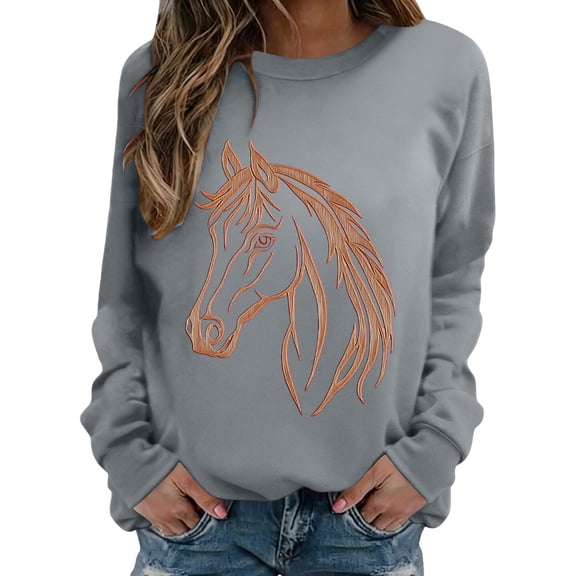 Long Sleeve Shirts for Women Hemlock Horse Print Sweatshirts for Women Riding Horse Lover Long Sleeve Crew Neck Pullover Tops Casual Loose Shirts Sweatshirt