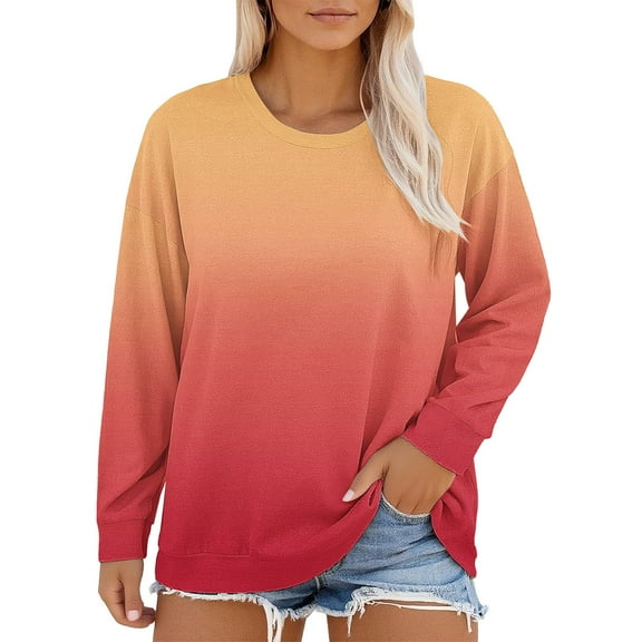 Long Sleeve Shirts for Women Lightweight Sweatshirts Plus Size Shirts Crew Neck Cute Pullover Shirts Oversize Tops Basic Tees Shirts Going Out Tops Sweatshirt for Women Loose Fit T Shirt Orange S-5XL