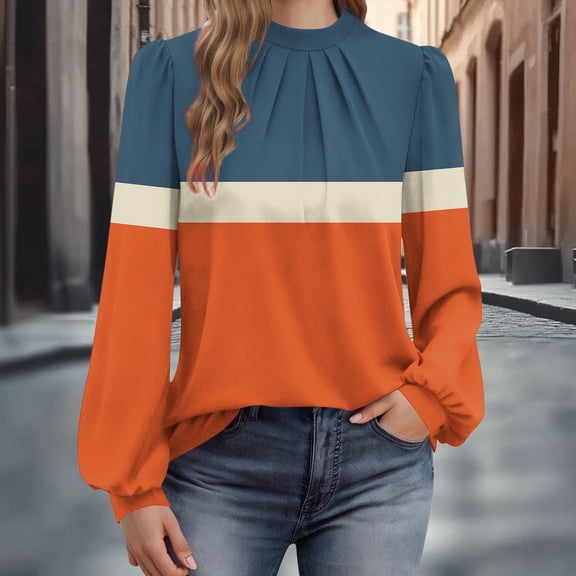 Long Sleeve Shirts for Women Loose Mock Neck Tops Dressy Pleated Front Blouses Back Button Lantern Sleeve Casual Fall Fashion Printed Sweatshirts Pullover