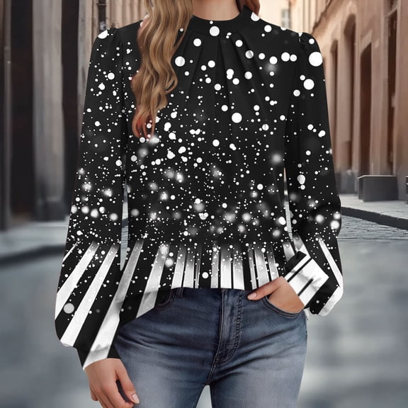 Long Sleeve Shirts for Women Loose Mock Neck Tops Dressy Pleated Front Blouses Back Button Lantern Sleeve Casual Fall Fashion Printed Sweatshirts Pullover