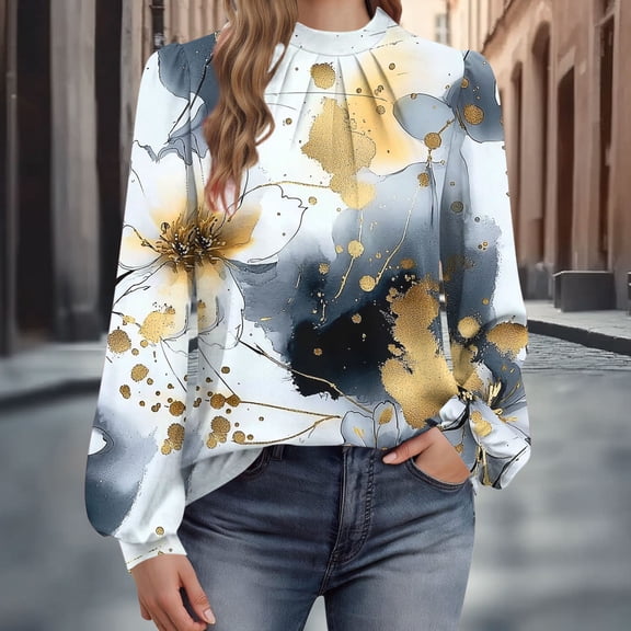 Long Sleeve Shirts for Women Loose Mock Neck Tops Dressy Pleated Front Blouses Back Button Lantern Sleeve Casual Fall Fashion Printed Sweatshirts Pullover