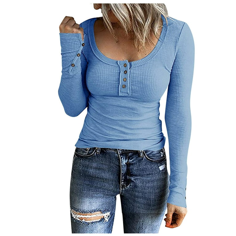【DEARMINE】Lauren Tension Ribbed Henley Neck Long Sleeve Shirts for Women Low Cut Henley Top Ribbed Knit