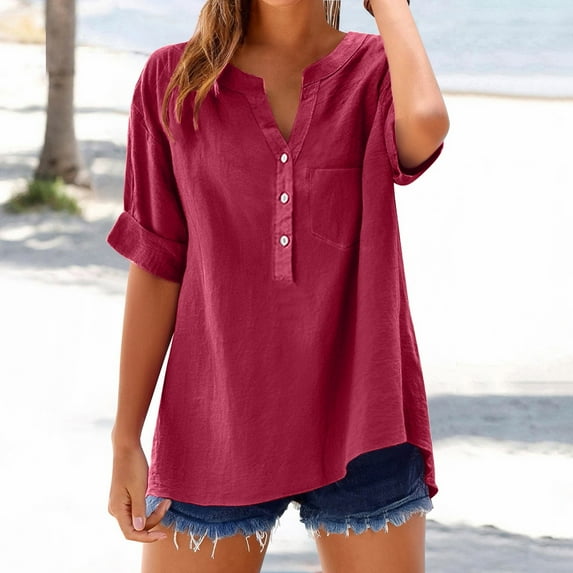Long Sleeve Shirts for Women, Red Casual Solid Color Sleeve Collar Loose Button Shirt Top, Linen Shirts for Women, L, Workout Shirts Women, Polyester Women's T-shirts