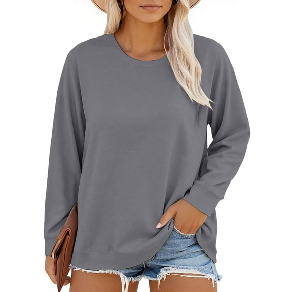 Long Sleeve Shirts for Women Relaxed Fit Soft Comfortable Blouse Solid Color Cute Pullover Shirts Loose Fit T Shirt Business Dressy Blouses Crew Neck Plus Size Womens Clothing Oversize Tops Dark Grey