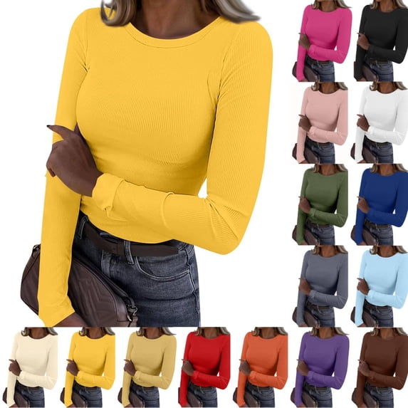 Long Sleeve Shirts Women Rib Knit Slim Fit Tops Basic Tee Spring Outfits Casual T-Shirt Underscrubs Layer Clothes Yellow M