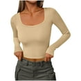 thumbnail image 1 of Long Sleeve Shirts for Women Ribbed Knit Pullover Solid Squre Neck Casual Base Fitted Tees Slim Cute Crop Tops Fall Outfits 2025 Simple and Basic Top for Daily, 1 of 5