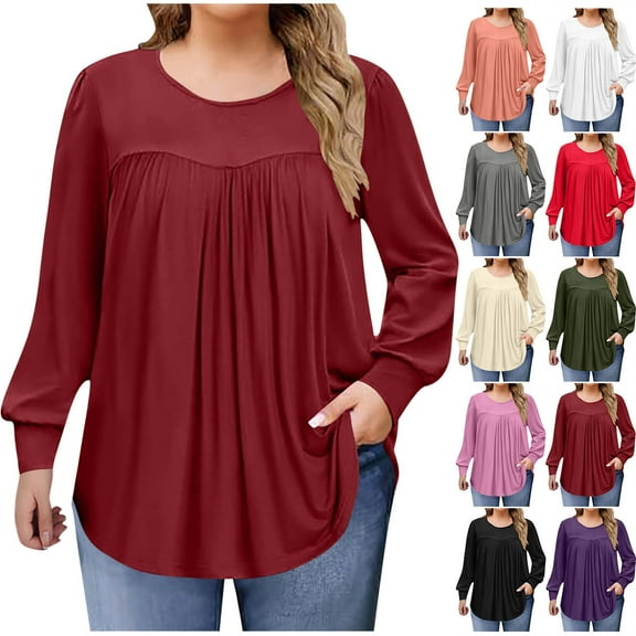 Long Sleeve Shirts for Women Sawvnm Women's Fashion Solid Color Plus Size Round Neck Chest Pleated Loose Casual Pullover Long Sleeved Shirt Top blouse Fall Clothes Fashion Wine 5XL