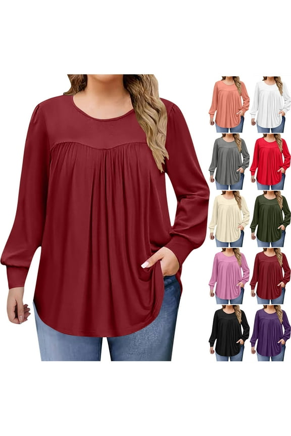 Long Sleeve Shirts for Women Sawvnm Women's Fashion Solid Color Plus Size Round Neck Chest Pleated Loose Casual Pullover Long Sleeved Shirt Top blouse Fall Clothes Fashion Wine 3XL