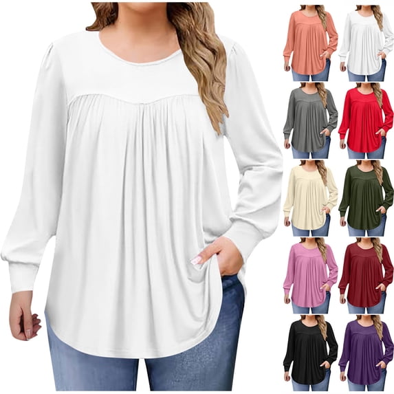 Long Sleeve Shirts for Women Sawvnm Women's Fashion Solid Color Plus Size Round Neck Chest Pleated Loose Casual Pullover Long Sleeved Shirt Top blouse Fall Clothes Fashion White 4XL