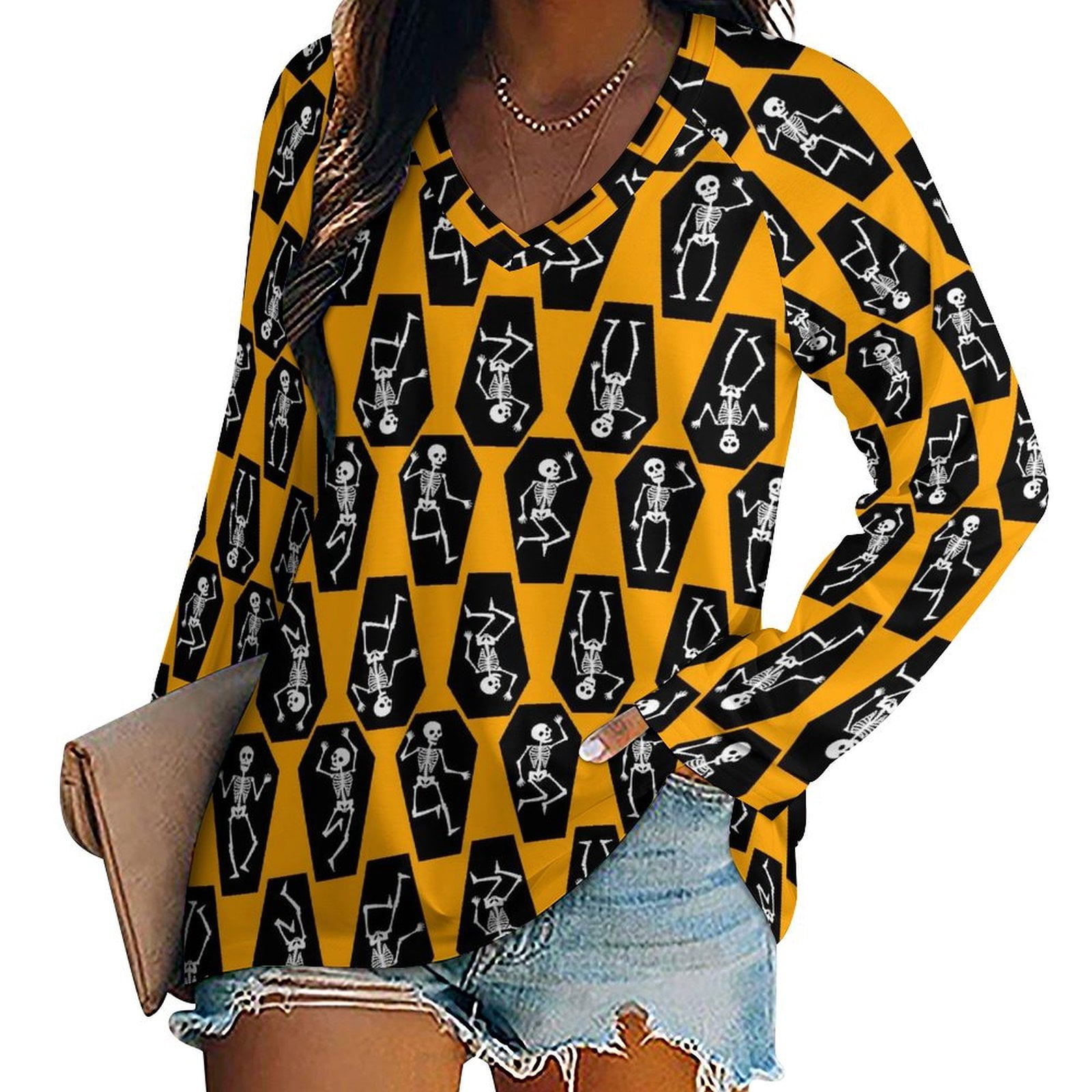 Women's T shirt Tee Halloween Shirt Black Blue Purple Skull Print Long Sleeve