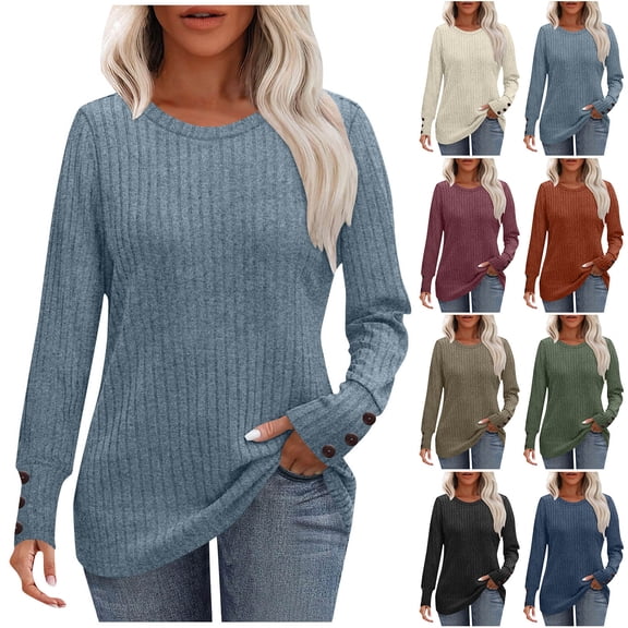 Long Sleeve Shirts for Women Solid Color Spring And Winter Base T-shirt With Grooves Brushed Long Sleeves V-neck Button Up Top/shirt Long Sleeve Loose Fit Tops Fashion 2026