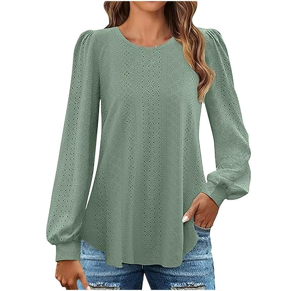 Long Sleeve Shirts for Women Solid Loose Crewneck Pullover Shirts Casual Hollow Out Flowy Fall Blouse Tops Fashion Workout Tees Comfy Trendy Outfits Beach Vacation Clothes 2025
