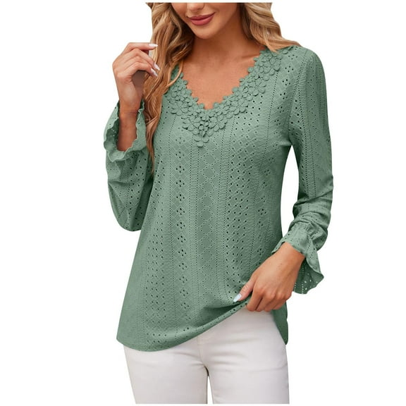 Long Sleeve Shirts for Women Solid Loose V Neck Pullover Shirts Casual Lightly Lace Blouse Tops Fall Fashion Comfy Trendy Outfits Basic Workout Tees Going Out Beach Vacation Clothes 2025