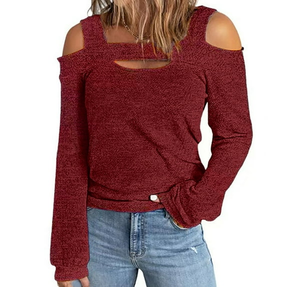Long Sleeve Shirts Women Sweater Tops Cold Shoulder Blouses Solid Color Slim Fit Tee Casual Pullover Hoodie (Red S)