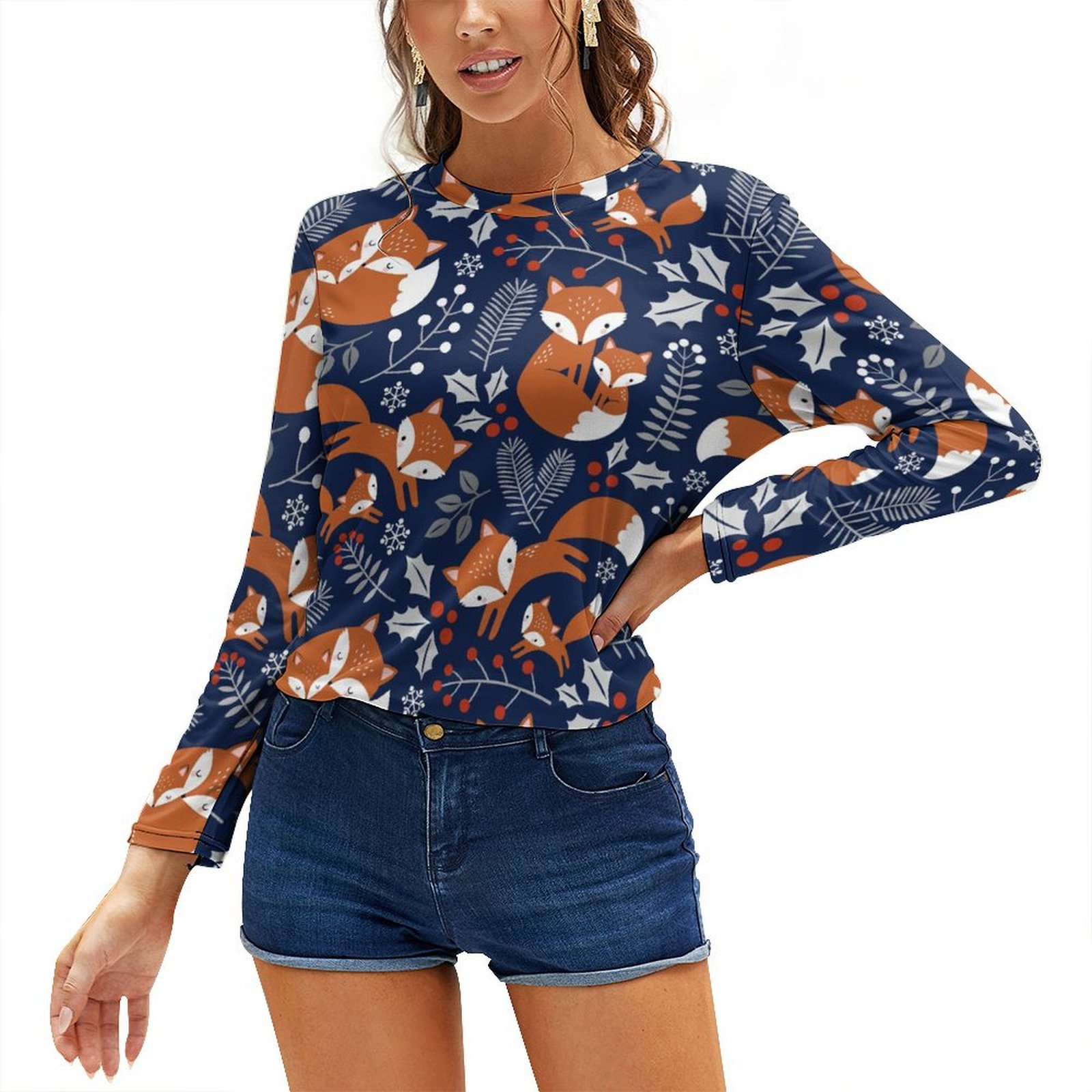 Long Sleeve Shirts for Women, Vintage Blue Fox Family Loose Fit Womens
