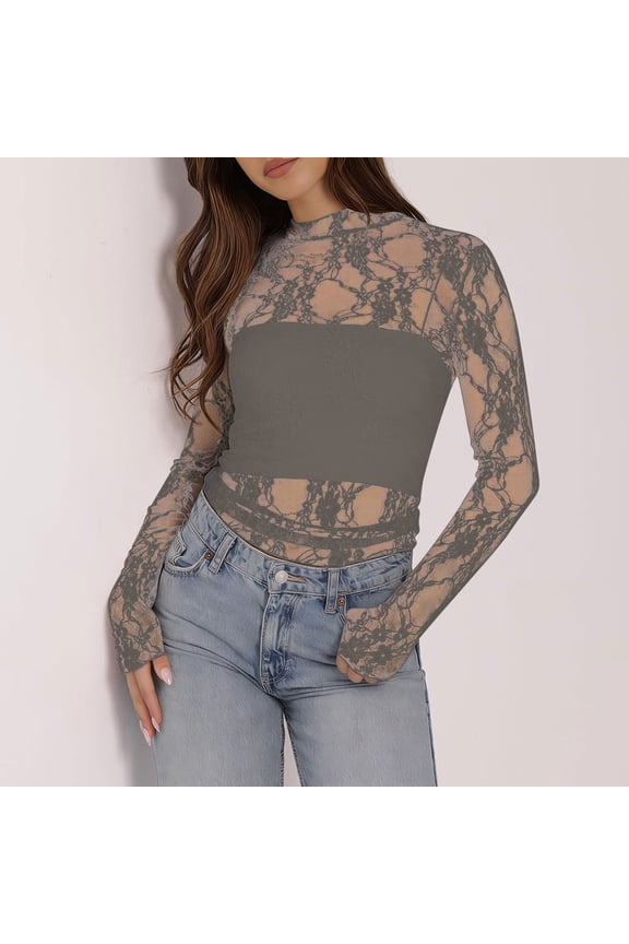 Long Sleeve Shirts for Women, Women's Sheer Lace Long Sleeve Top, High Neck Floral Lace Mesh Blouse, Slim Fit Cropped See-Through Shirt for Casual & Party Wear